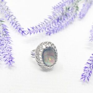 Vintage Moonstone Dendritic Intricate Silver Toned Decorative Ring